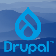 Drupal logo over a blue mountainous background